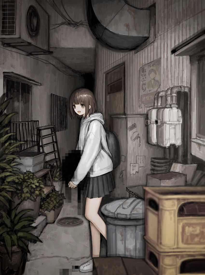 1girl backpack bag black_bag black_skirt box brown_eyes brown_hair censored highres hood hoodie kiro_(ntcm8883) ladder leaf medium_hair mosaic_censoring open_mouth original plant pleated_skirt potted_plant shoes skirt smile solo trash_can white_footwear white_hoodie wide_shot