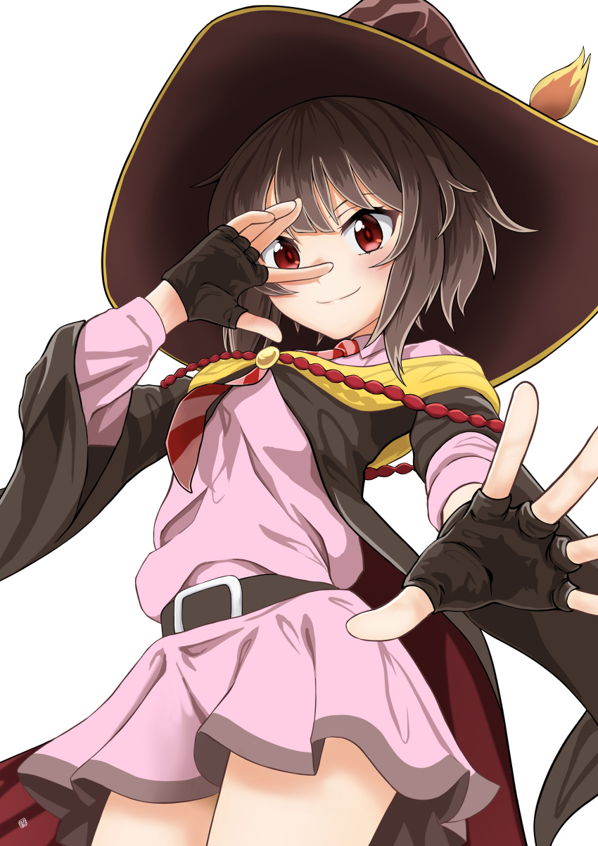 1girl absurdres belt black_belt black_cape black_hair blunt_bangs blush cape fingerless_gloves gloves hat highres kono_subarashii_sekai_ni_bakuen_wo! kono_subarashii_sekai_ni_shukufuku_wo! long_sleeves looking_at_viewer megumin nao_suke necktie pink_shirt pink_skirt pleated_skirt red_eyes red_ribbon ribbon shirt short_hair_with_long_locks sidelocks skirt smile solo striped_necktie witch_hat