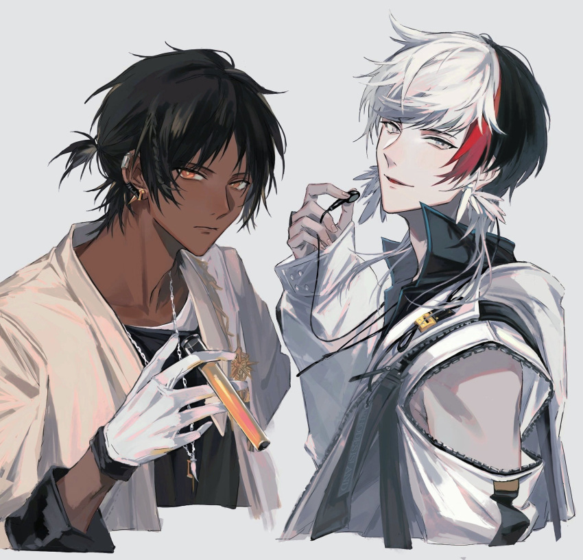 2boys arknights black_hair black_shirt coat commentary cropped_torso dark-skinned_male dark_skin earphones earrings elysium_(arknights) feather_earrings feathers gloves grey_background highres holding holding_earphones holding_test_tube jacket jewelry labcoat long_sleeves looking_at_viewer multicolored_hair multiple_boys necklace orange_hair ponytail redhead serious shirt short_hair short_ponytail simple_background streaked_hair test_tube thorns_(arknights) tokeru two-tone_hair upper_body white_coat white_gloves white_hair white_jacket