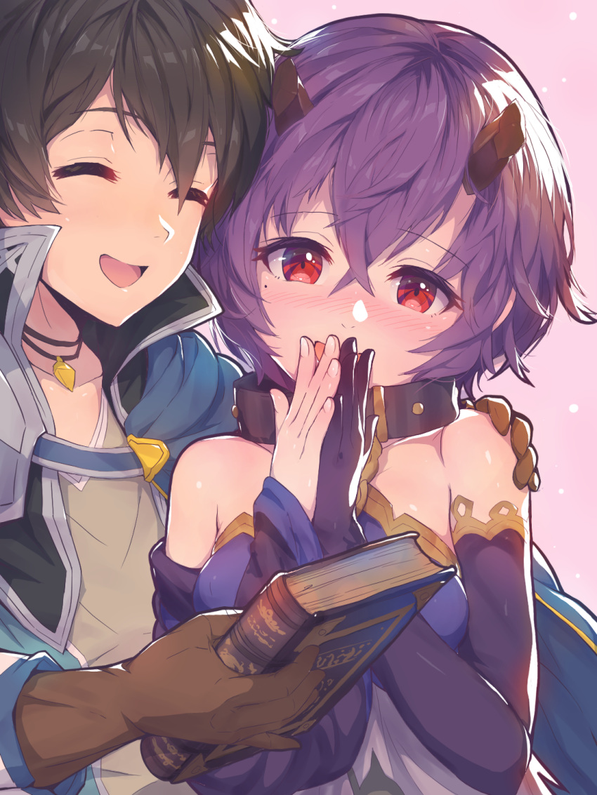 1boy 1girl asymmetrical_gloves bare_shoulders blush book brown_hair closed_eyes collar demon_girl demon_horns elbow_gloves gloves hand_on_another's_shoulder highres horns mismatched_gloves princess_connect! purple_hair red_eyes shinobu_(princess_connect!) short_hair smile yako_noir_(kei-ne) yuuki_(princess_connect!)