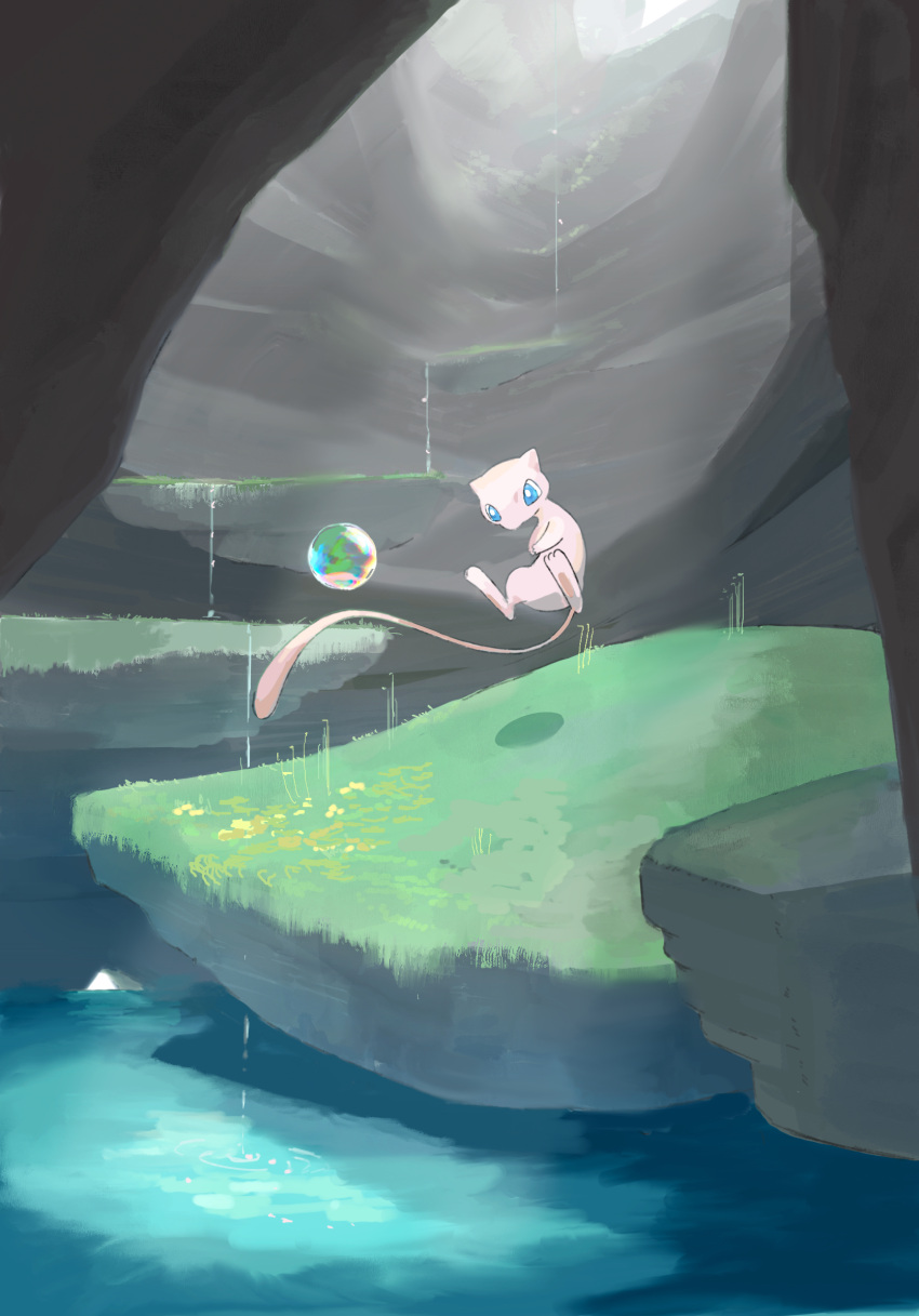 blue_eyes bright_pupils bubble cave commentary_request day floating grass highres looking_at_viewer mew_(pokemon) momota_pix no_humans outdoors plant pokemon pokemon_(creature) rock shadow water white_pupils