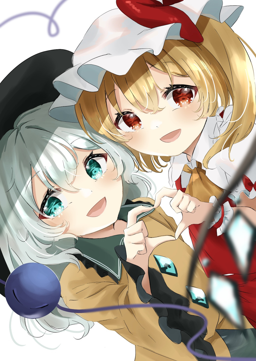 2girls :d ascot black_headwear blonde_hair blurry blurry_foreground crystal dutch_angle flandre_scarlet frilled_shirt_collar frilled_sleeves frills green_eyes green_hair hair_between_eyes hat heart heart_hands heart_hands_duo heart_of_string highres kamachi_(kamati0maru) komeiji_koishi long_sleeves looking_at_viewer mob_cap multiple_girls one_side_up open_mouth red_eyes red_skirt red_vest shirt simple_background skirt smile third_eye touhou vest white_background white_headwear wide_sleeves wings wrist_cuffs yellow_ascot yellow_shirt