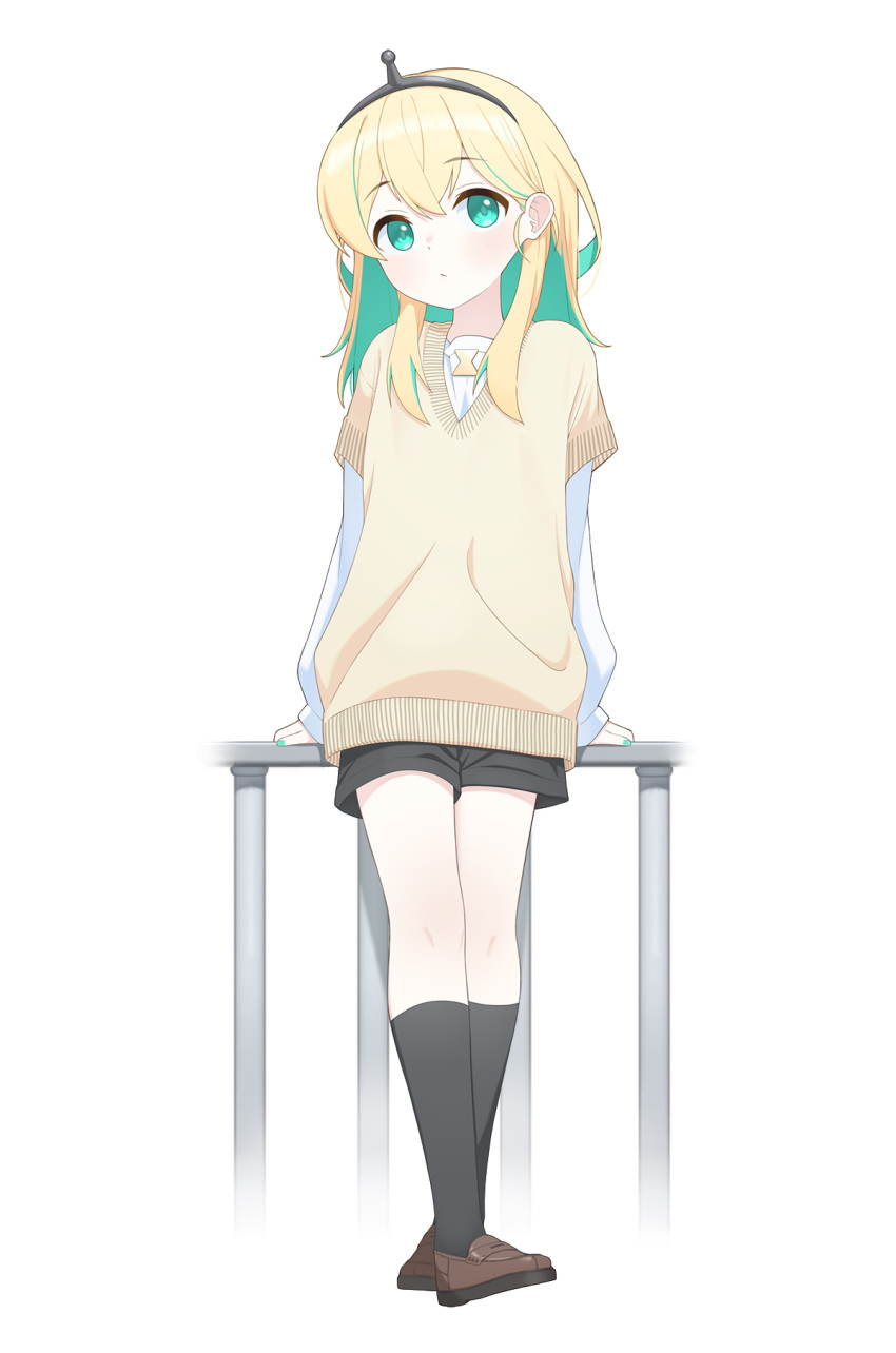 1girl alternate_costume alternate_hair_length alternate_hairstyle amano_pikamee arms_behind_back black_hairband black_shorts black_socks blonde_hair brown_footwear colored_inner_hair commentary crossed_ankles crossed_bangs english_commentary expressionless full_body green_hair green_nails hairband highres leaning_on_rail loafers multicolored_hair railing shirt shoes shorts simple_background socks solo standing ugaaaa5 vest virtual_youtuber voms white_background white_shirt yellow_vest