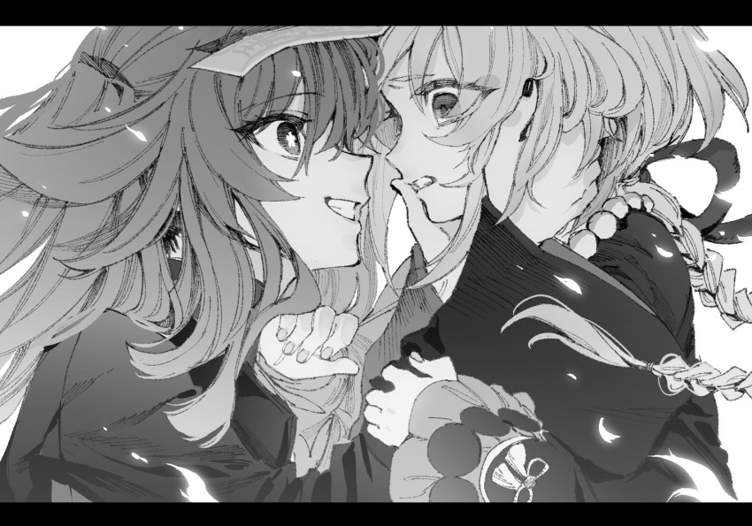2girls bead_necklace beads braid braided_ponytail coat commentary evil_smile face-to-face flower-shaped_pupils frilled_sleeves frills genshin_impact greyscale grin hands_on_another's_face hu_tao_(genshin_impact) jewelry jiangshi letterboxed long_hair long_sleeves looking_at_another maki_keigo monochrome multiple_girls necklace no_headwear ofuda parted_lips qiqi_(genshin_impact) scared shirt simple_background smile symbol-shaped_pupils upper_body white_background