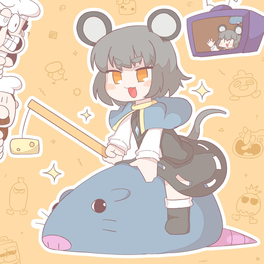 1girl 2boys animal_ears black_footwear blue_capelet capelet cheese cheese_toppin_(pizza_tower) chef_hat chibi commentary english_commentary facial_hair food full_body grey_hair grey_skirt grey_vest hat highres holding looking_at_another mouse_ears mouse_girl mouse_tail multiple_boys mushroom_toppin_(pizza_tower) mustache nazrin open_mouth orange_eyes peppino_spaghetti pineapple_toppin_(pizza_tower) pizza_tower sausage_toppin_(pizza_tower) short_hair sitting_on_animal skirt socks stupid_rat_(pizza_tower) tail teeth tomato_toppin_(pizza_tower) touhou v-shaped_eyebrows vest white_socks zenerat
