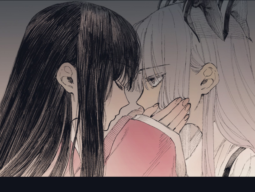 2girls black_eyes black_hair bow closed_eyes closed_mouth commentary_request covering_mouth face-to-face fingernails from_side fujiwara_no_mokou hair_bow hand_over_another's_mouth hands_on_another's_face highres houraisan_kaguya long_hair long_sleeves looking_at_another maki_keigo multiple_girls pink_shirt shirt sleeves_past_wrists suspenders touhou upper_body white_hair wide_sleeves