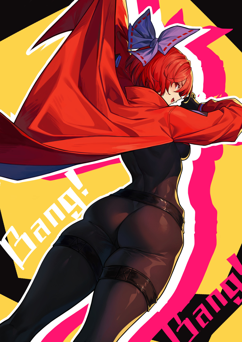 1girl akatsuki_records ass belt blue_bow bow breasts cape from_below hair_bow highres joker_(stjoker) large_breasts looking_back open_mouth outline profile red_cape red_eyes redhead rock_'n'_rock_'n'_beat sekibanki short_hair simple_background solo thigh_strap touhou white_outline