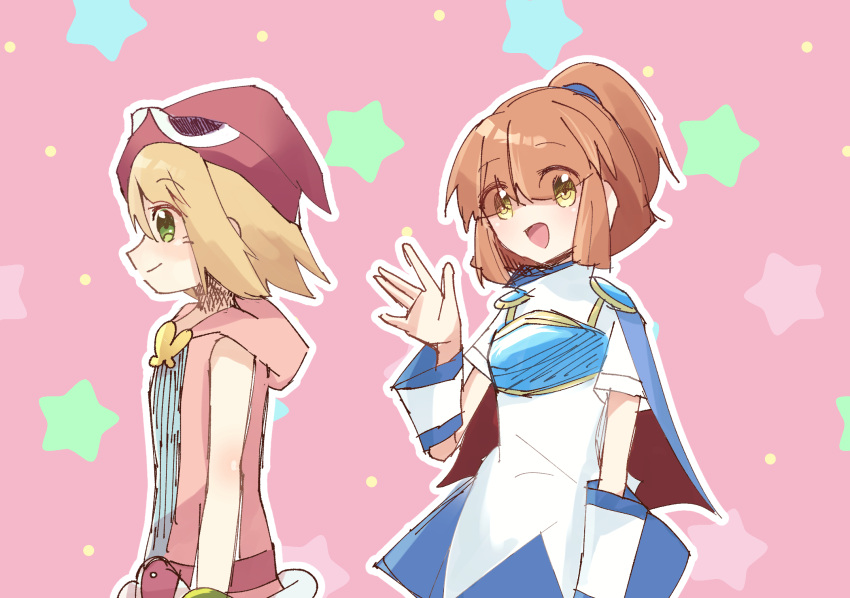 2girls amitie_(puyopuyo) arle_nadja armor blonde_hair breastplate brown_hair green_eyes highres multiple_girls ponytail puyopuyo red_headwear short_hair sleeveless star_(symbol) yellow_eyes zhru8333