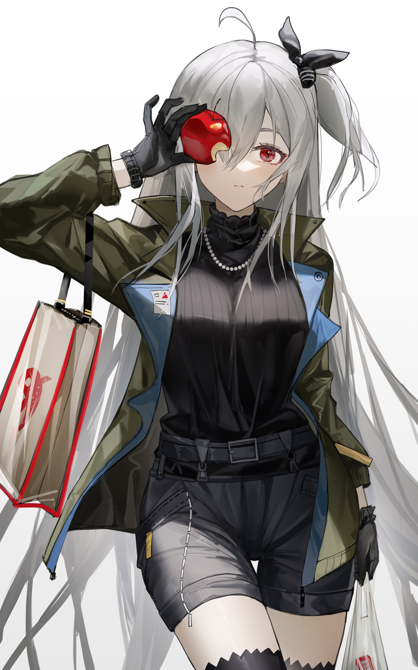 1girl ahoge apple arknights bag belt black_gloves black_shorts black_sweater bow cowboy_shot food food_bite fruit gloves green_jacket grey_hair hair_between_eyes hair_bow hand_up highres holding holding_food holding_fruit jacket jewelry long_hair long_sleeves looking_at_viewer necklace open_clothes open_jacket pearl_necklace plastic_bag red_apple red_eyes shorts side_ponytail simple_background skadi_(arknights) solo standing sweater sweater_tucked_in thigh-highs tote_bag very_long_hair white_background yuuki_mix