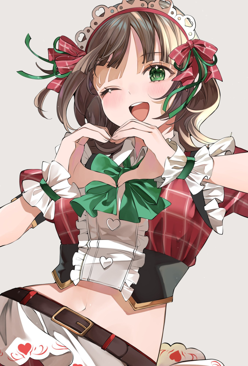 1girl amami_haruka belt brown_hair collared_shirt frills green_eyes green_necktie green_ribbon hair_ribbon headdress highres idolmaster idolmaster_(classic) idolmaster_million_live! medium_hair midriff navel necktie one_eye_closed plaid plaid_ribbon plaid_shirt puffy_short_sleeves puffy_sleeves red_ribbon ribbon shirt short_sleeves shunka_tunacan skirt smile solo upper_body white_background