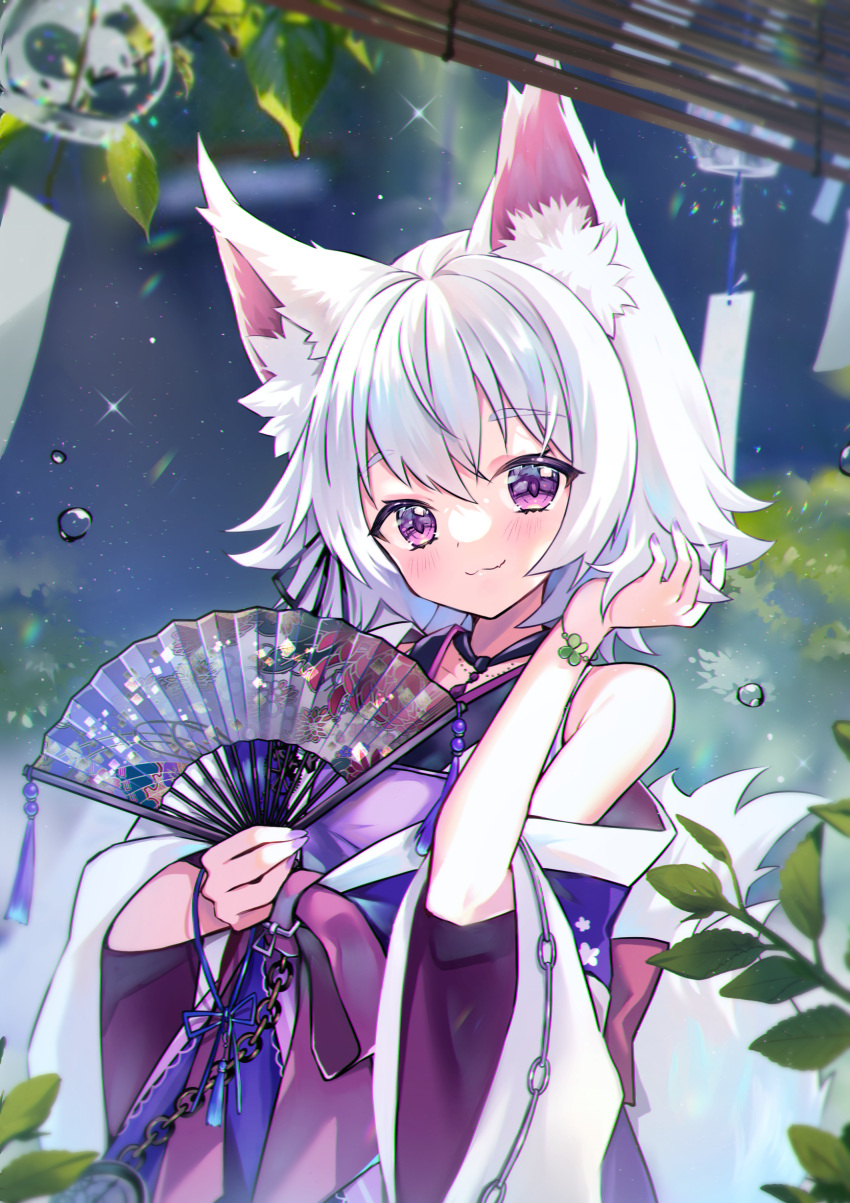 07touka25 1girl :3 absurdres alba_mofu animal_ears clover folding_fan four-leaf_clover fox_ears fox_girl fox_tail hand_fan highres japanese_clothes kimono long_sleeves looking_at_viewer off_shoulder ofud plant pocket_watch seventh_happiness short_hair smile tail violet_eyes watch water_drop white_hair wide_sleeves