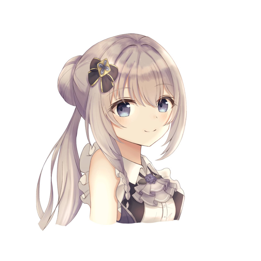 1girl arm_at_side black_bow blue_eyes blue_flower blue_rose blue_vest blush bow braid closed_mouth collared_shirt cropped_torso dot_nose eyes_visible_through_hair flower frilled_sleeves frills grey_hair grey_jabot hair_bow hair_bun highres lapels long_hair looking_at_viewer magia_record:_mahou_shoujo_madoka_magica_gaiden magical_girl mahou_shoujo_madoka_magica ponytail portrait rose shirousa_(blanche_lapine3) shirt short_sleeves side_braid sidelocks simple_background single_hair_bun smile solo split_mouth very_long_hair vest white_background white_shirt yakumo_mitama