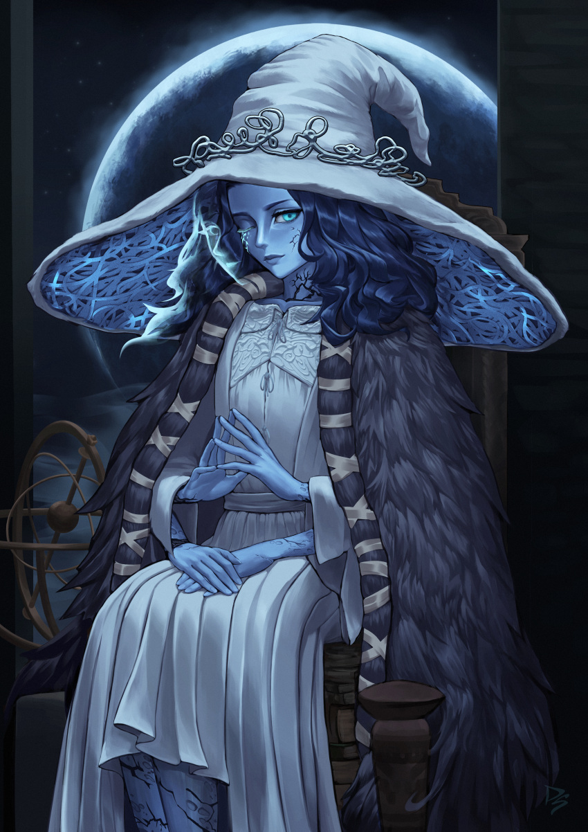 1girl absurdres blue_eyes blue_hair blue_skin chair cloak colored_skin cracked_skin dress elden_ring english_commentary extra_arms extra_faces fingernails flat_chest full_moon fur_cloak glowing_tattoo hat highres indoors kakugo large_hat long_hair looking_at_viewer moon night night_sky one_eye_closed ranni_the_witch signature sitting_on_books sky solo star_(sky) steepled_fingers wavy_hair white_dress witch_hat