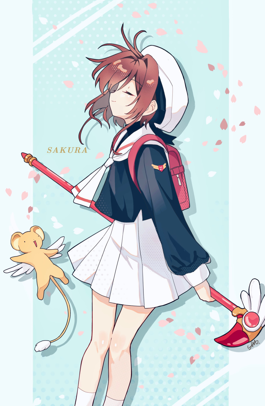 1girl absurdres ahoge backpack badge bag beret black_serafuku border brown_hair cardcaptor_sakura character_name closed_eyes closed_mouth falling_petals halftone hat highres holding holding_staff kero kinomoto_sakura long_sleeves nyanaya petals pleated_skirt profile randoseru sailor_collar school_uniform serafuku skirt socks staff standing white_headwear white_skirt white_socks