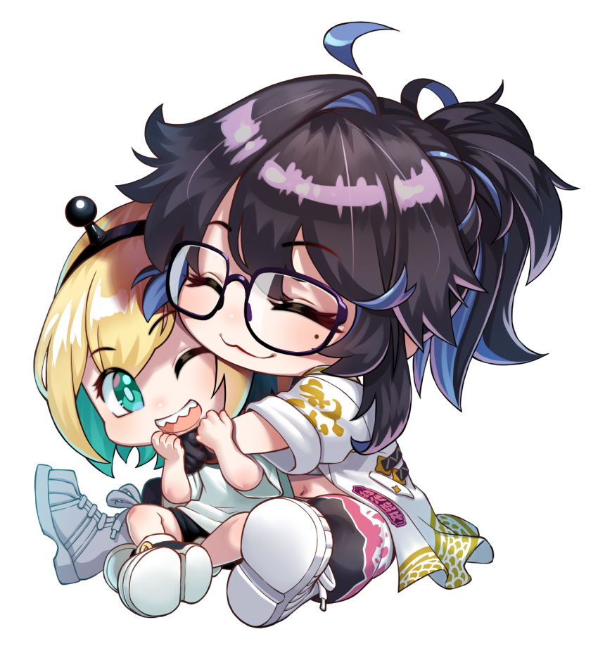 2girls :3 :d agustinus amano_pikamee black-framed_eyewear black_footwear black_hair black_hairband black_shorts blonde_hair blue_hair chest_sarashi chibi closed_eyes colored_inner_hair commentary delinquent english_commentary eyelashes glasses green_hair hairband highres hug hug_from_behind kson looking_at_another midriff mole mole_under_eye multicolored_hair multiple_girls navel one_eye_closed petal_print sarashi sharp_teeth shirt shoe_soles shoes shorts simple_background smile sneakers streaked_hair sukeban teeth two-tone_coat upper_teeth_only virtual_youtuber voms vshojo white_background white_shirt
