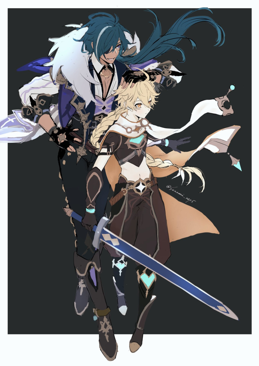 2boys aether_(genshin_impact) black_gloves black_pants blonde_hair blue_hair boots braid closed_mouth dark-skinned_male dark_skin eyepatch fingerless_gloves genshin_impact gloves hair_between_eyes hand_on_another's_head hand_on_own_hip highres holding holding_sword holding_weapon jacket kaeya_(genshin_impact) long_hair male_focus multiple_boys open_mouth orange_eyes pants short_sleeves simple_background single_braid sonomi sword twitter_username weapon