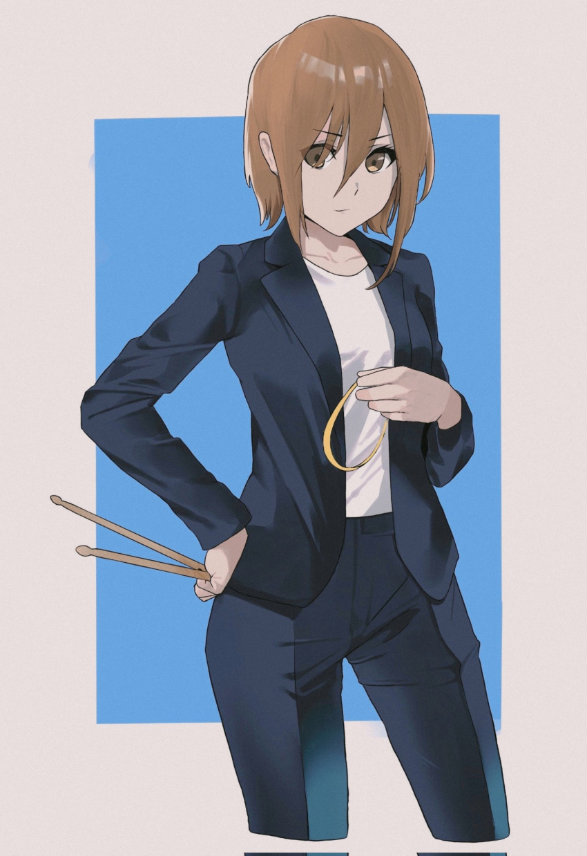 1girl black_jacket black_pants black_suit brown_eyes brown_hair closed_mouth collarbone commentary_request cowboy_shot drumsticks formal hair_between_eyes hairband hairband_removed hand_on_own_hip highres holding holding_drumsticks holding_hairband jacket k-on! long_sleeves looking_at_viewer open_clothes open_jacket pants saya_endo_(27) shirt short_hair solo standing suit t-shirt tainaka_ritsu white_shirt yellow_hairband