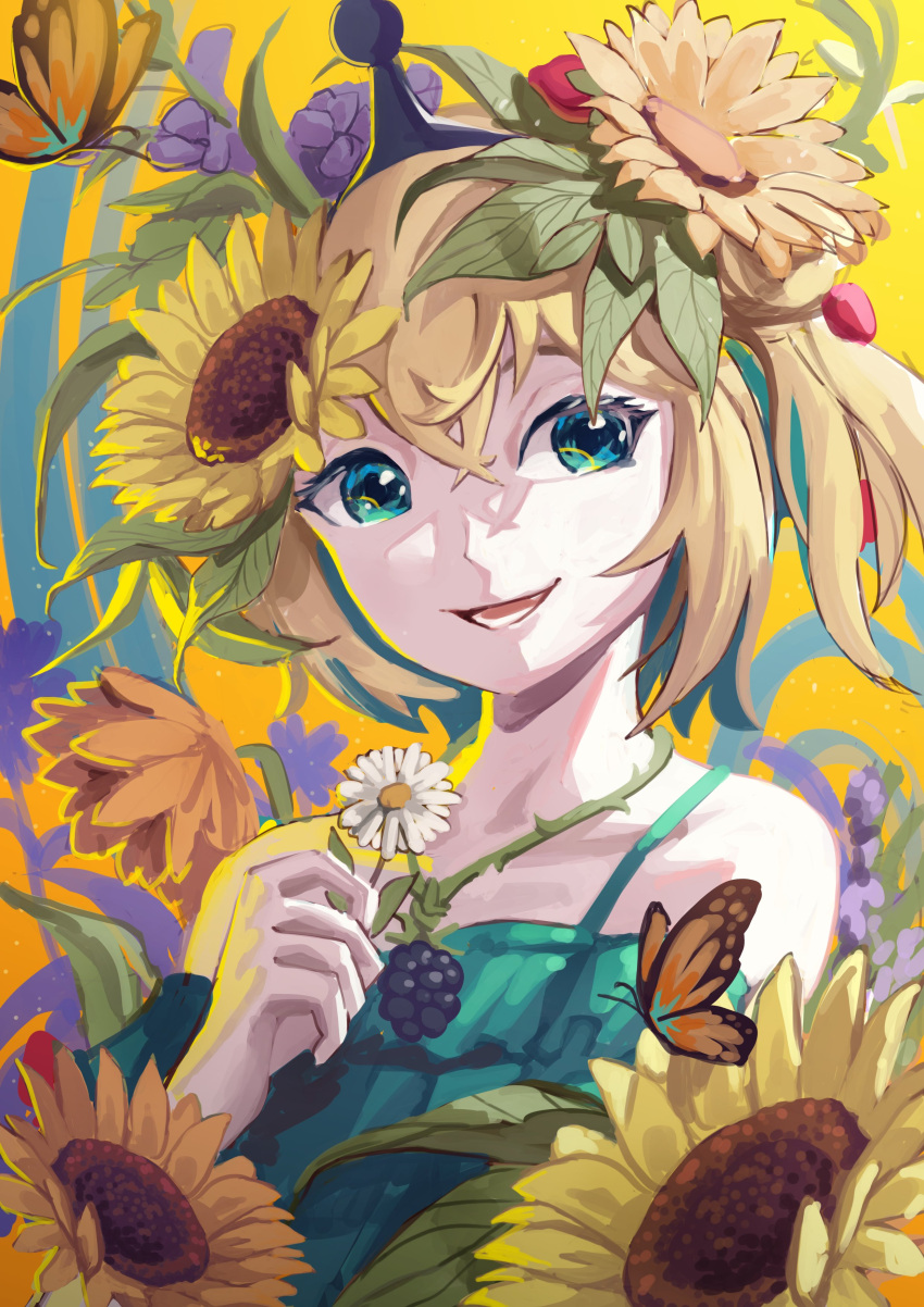 absurdres amano_pikamee black_hairband blonde_hair bug butterfly colored_inner_hair dress flower flower_request food fruit green_dress green_eyes green_hair hair_flower hair_ornament hairband highres holding holding_flower khoaphan96 leaf looking_at_viewer multicolored_hair parted_lips raspberry solo sunflower two-tone_hair two_side_up upper_body virtual_youtuber voms yellow_background yellow_theme