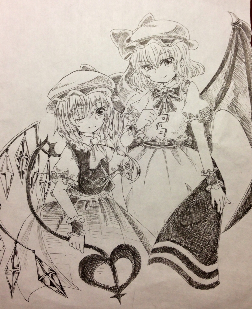 2girls ascot bat_wings bow bowtie chiroru_(ranocchio) closed_mouth cowboy_shot crystal flandre_scarlet frilled_shirt frilled_shirt_collar frilled_sleeves frills greyscale hair_between_eyes hat hat_ribbon highres holding holding_polearm holding_weapon laevatein_(touhou) light_smile looking_at_viewer mob_cap monochrome multiple_girls one_eye_closed one_side_up polearm puffy_short_sleeves puffy_sleeves remilia_scarlet ribbon shirt short_sleeves skirt touhou traditional_media vest weapon wings wrist_cuffs