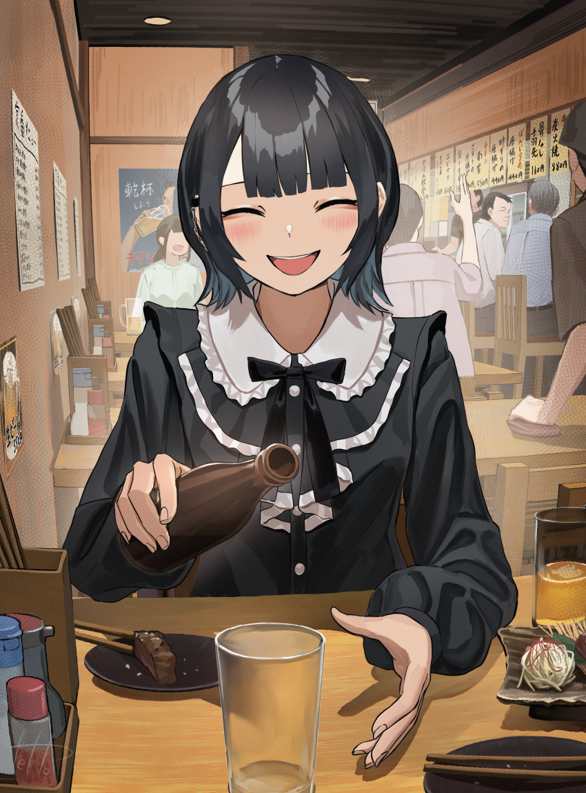 :d absurdres black_bow black_bowtie black_hair blunt_bangs blush bottle bow bowtie chopsticks closed_eyes collar cup douryou_(buta5813) drinking_glass food frilled_collar frills highres holding holding_bottle indoors long_sleeves medium_hair original pov_across_table restaurant smile solo_focus tetto_(onnoveltet)