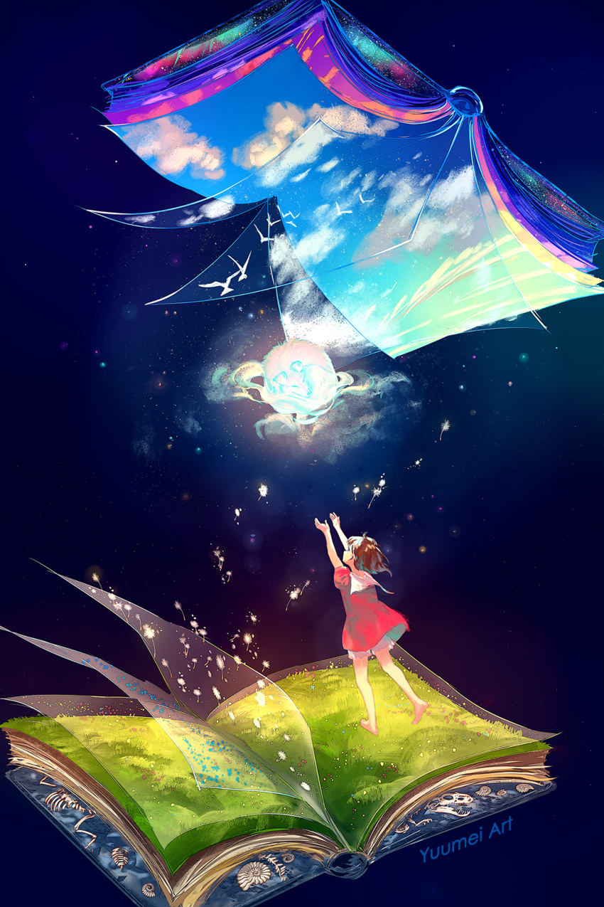 1girl arms_up artist_name barefoot bird blue_sky book brown_hair clouds commentary dress english_commentary highres looking_away open_book original red_dress short_shorts short_sleeves shorts shorts_under_dress sky soles standing standing_on_one_leg star_(symbol) white_shorts yuumei