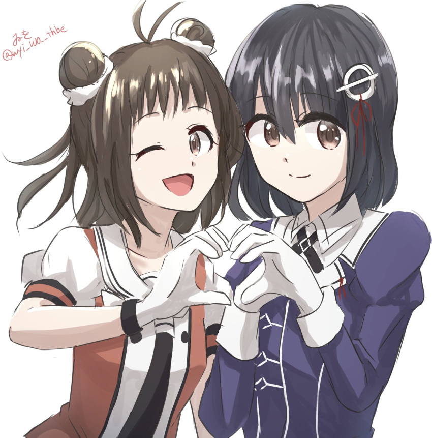 2girls antenna_hair artist_name black_hair black_neckerchief black_ribbon bob_cut brown_eyes brown_hair buttons collared_shirt double-breasted double_bun dress_shirt gloves haguro_(kancolle) haguro_kai_ni_(kancolle) hair_bun hair_ornament heart heart_hands heart_hands_duo highres jacket kantai_collection looking_at_viewer military military_uniform multiple_girls naka_(kancolle) naka_kai_ni_(kancolle) neck_ribbon neckerchief one-hour_drawing_challenge one_eye_closed puffy_short_sleeves puffy_sleeves purple_jacket ribbon sailor_collar school_uniform serafuku shirt short_sleeves twitter_username uniform upper_body white_gloves white_sailor_collar white_shirt wiwo