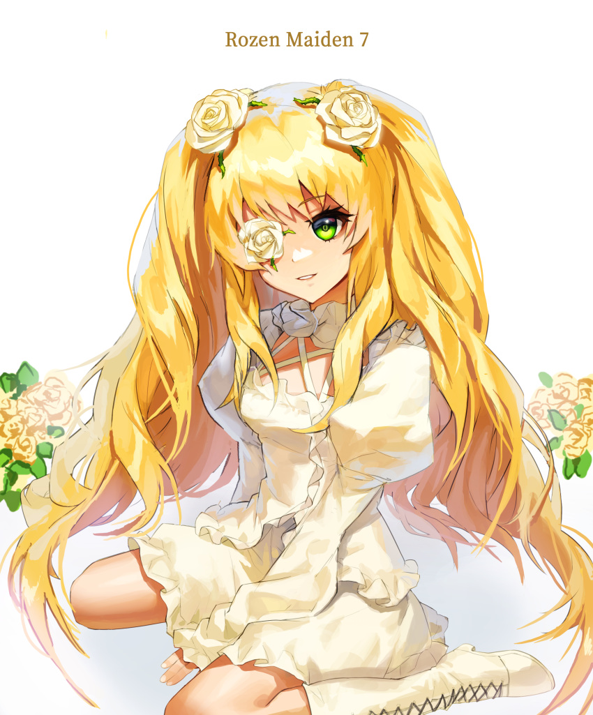 1girl absurdres blonde_hair boots breasts commentary_request copyright_name cross-laced_footwear flower flower_over_eye frilled_shirt frills full_body green_eyes grin hair_flower hair_ornament highres juliet_sleeves kirakishou lace-up_boots lolita_fashion long_hair long_sleeves looking_at_viewer muna_1414 plant puffy_sleeves rose rozen_maiden shirt sidelocks sitting skirt small_breasts smile solo very_long_hair vines wariza wavy_hair white_background white_flower white_footwear white_rose white_shirt white_skirt