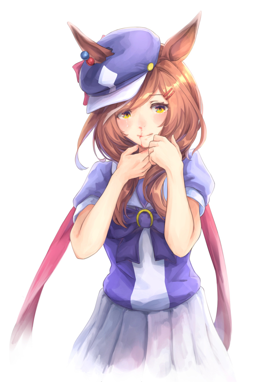 1girl absurdres animal_ears blood bow bowtie brown_hair closed_mouth ears_through_headwear hair_ornament hairclip hat highres horse_ears long_hair looking_at_viewer matikane_tannhauser_(umamusume) nosebleed purple_shirt shirt short_sleeves simple_background skirt smile solo suke_omi tears umamusume upper_body white_background white_skirt yellow_eyes