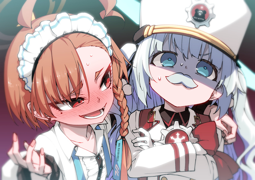 2girls ahoge blue_archive blue_eyes blush cherino_(blue_archive) crossed_arms facial_hair hand_on_another's_shoulder hat highres hitotose_rin looking_at_another maid_headdress mole mole_under_eye multiple_girls mustache neru_(blue_archive) nose_blush orange_hair red_eyes smile white_hair