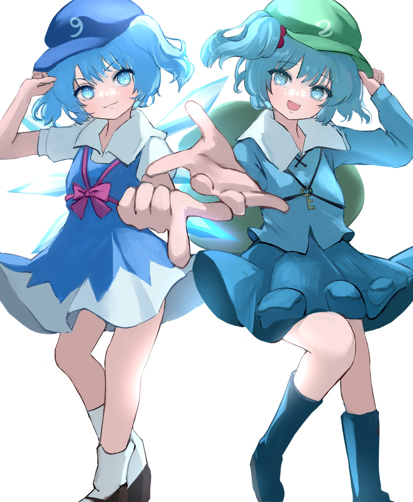 2girls :d absurdres backpack bag black_footwear blue_dress blue_eyes blue_footwear blue_headwear blue_shirt blue_skirt boots bow cirno closed_mouth collared_shirt commentary cosplay detached_wings dress flat_cap green_headwear hair_bobbles hair_ornament hand_on_headwear hat highres ice ice_wings index_finger_raised kawashiro_nitori kawashiro_nitori_(cosplay) key looking_at_viewer mikan_(manmarumikan) multiple_girls open_mouth red_bow rubber_boots shirt simple_background skirt smile socks touhou two_side_up white_background white_shirt white_socks wings