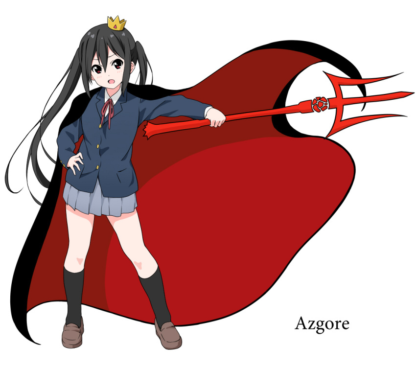 1girl black_cape black_hair black_socks blazer blue_jacket brown_eyes cape collared_shirt commentary_request crown dresstrip full_body grey_skirt hair_between_eyes hand_on_own_hip holding holding_staff jacket k-on! loafers long_hair looking_at_viewer nakano_azusa neck_ribbon open_mouth pleated_skirt red_cape red_ribbon ribbon sakuragaoka_high_school_uniform school_uniform shirt shoes sidelocks simple_background skirt socks solo staff standing twintails two-tone_cape white_background white_shirt winter_uniform