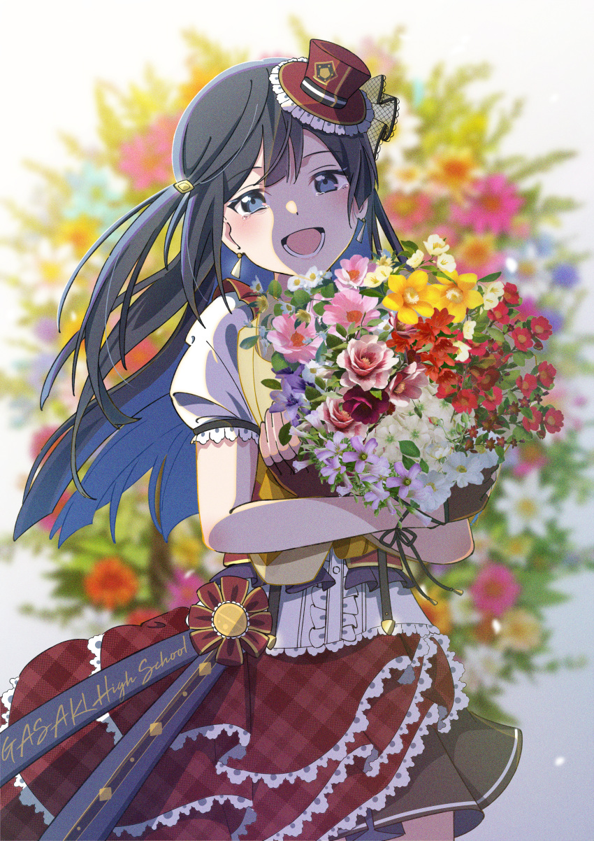 1girl absurdres black_hair bouquet chase!_(love_live!) commentary earrings flower fujiwaland grey_eyes hat highres holding holding_bouquet holding_flower jewelry kusunoki_tomori looking_at_viewer love_live! love_live!_nijigasaki_high_school_idol_club one_side_up open_mouth sidelocks solo swept_bangs tears upper_body voice_actor_connection yuuki_setsuna_(love_live!)