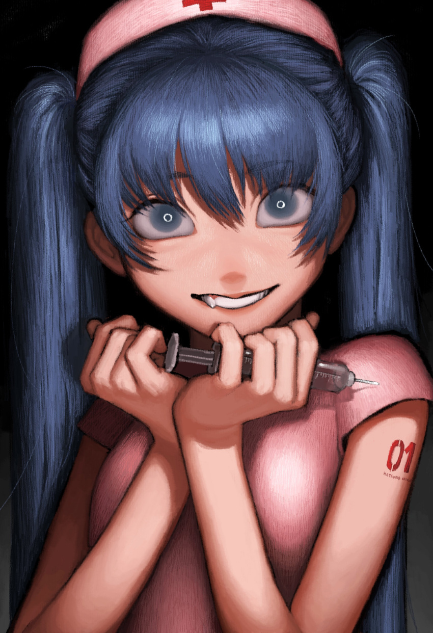 1girl absurdres alternate_costume biting blue_eyes blue_hair bright_pupils commentary crazy_smile empty_eyes fang grin hands_up hat hatsune_miku highres holding holding_syringe lip_biting long_hair looking_at_viewer number_tattoo nurse nurse_cap pink_shirt sanpaku shirt short_sleeves shoulder_tattoo smile solo song_request syringe tattoo twintails upper_body vocaloid w_arms white_pupils yakito_lulu