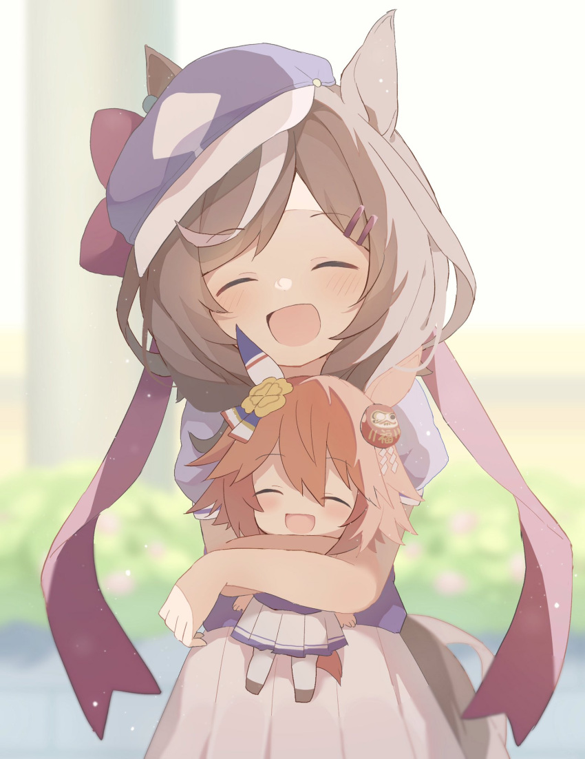 1girl :d blue_headwear blue_shirt blurry blurry_background brown_hair cabbie_hat closed_eyes commentary_request doll doll_hug ears_through_headwear hair_ornament hairclip hat highres horse_girl hug matikane_tannhauser_(umamusume) matikanefukukitaru_(umamusume) medium_hair multicolored_hair nanagi object_hug open_mouth shirt short_sleeves sidelocks skirt smile solo streaked_hair umamusume white_skirt