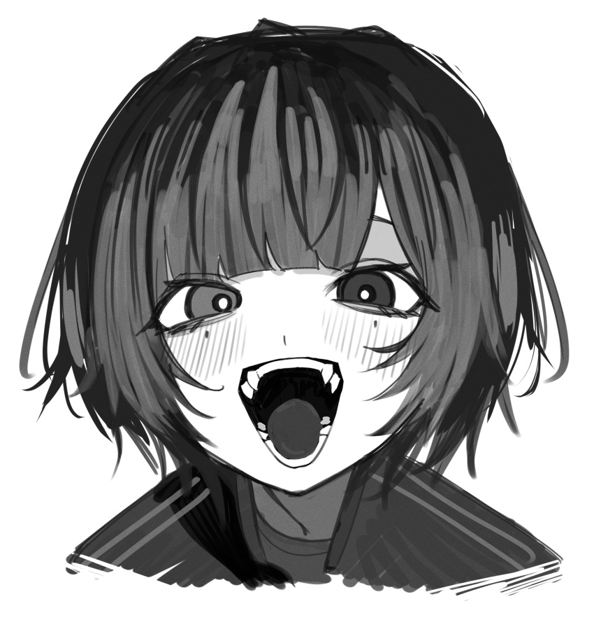 1girl blunt_bangs blush bob_cut crazy_eyes fangs greyscale highres looking_at_viewer monochrome open_mouth original portrait short_hair simple_background sirayukisiu sketch smile solo white_background