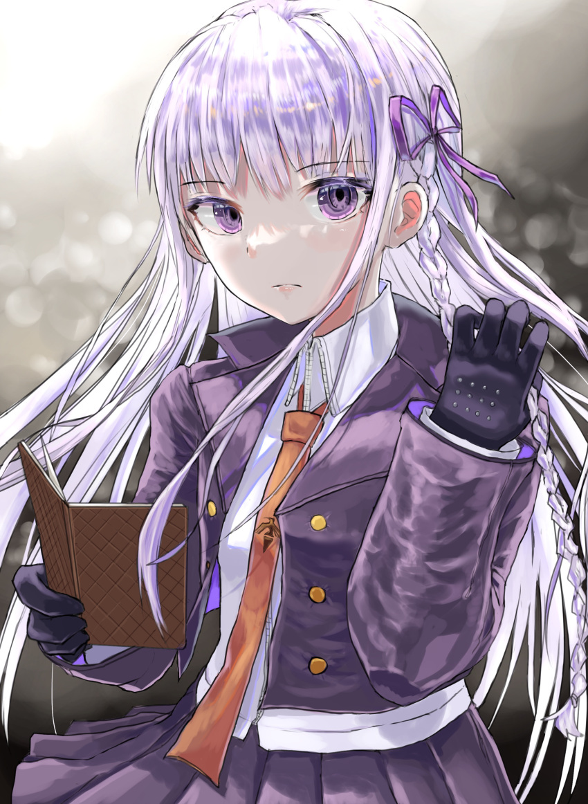 1girl absurdres black_gloves book braid brown_necktie buttons collared_shirt danganronpa:_trigger_happy_havoc danganronpa_(series) gloves grey_hair hair_ribbon hand_up highres holding holding_book hollowgeek jacket kirigiri_kyouko long_hair long_sleeves looking_at_viewer multicolored_background necktie open_book open_clothes open_jacket pleated_skirt purple_hair purple_ribbon ribbon shirt side_braid skirt solo violet_eyes white_shirt