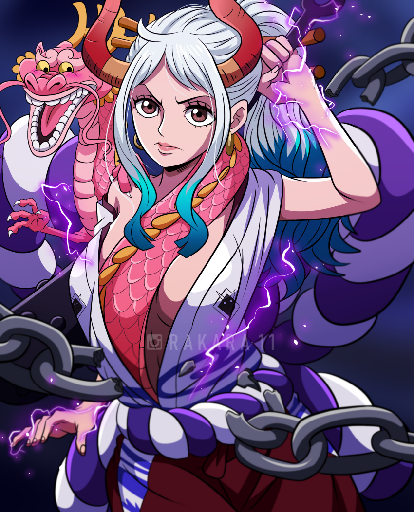 1boy 1girl absurdres artist_name breasts closed_mouth club_(weapon) dragon earrings highres horns jewelry kanabou long_hair momonosuke_(one_piece) multicolored_hair one_piece oni oni_horns open_mouth rakkarts smile weapon yamato_(one_piece)