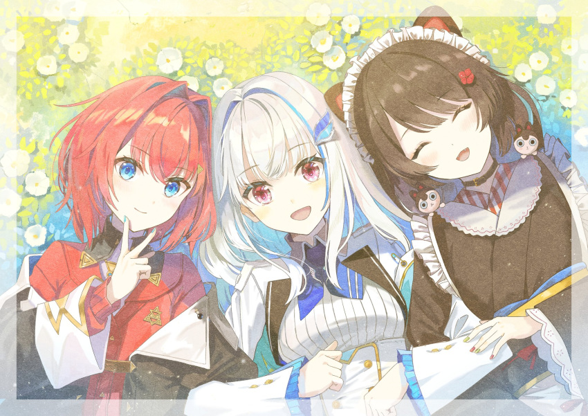 3girls ange_katrina animal_ears black_coat black_hair black_kimono blue_eyes blue_hair blue_nails closed_eyes coat commentary_request dog_ears dog_tail fangs hair_intakes hair_ornament hairpin highres inui_toko japanese_clothes kimono lize_helesta long_hair low_twintails multicolored_hair multiple_girls nijisanji redhead shi-ro short_hair swept_bangs tail twintails virtual_youtuber white_hair