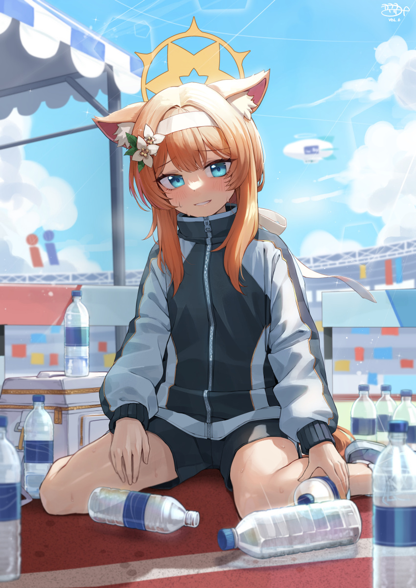 1girl absurdres animal_ear_fluff animal_ears blue_archive blue_eyes blush bottle cooler flower gym_shorts gym_uniform hair_flower hair_ornament hairband halo headband highres holding holding_bottle jacket kokukyukeo long_hair long_sleeves looking_at_viewer mari_(blue_archive) mari_(gym_uniform)_(blue_archive) multicolored_clothes multicolored_jacket official_alternate_costume open_mouth orange_hair outdoors plastic_bottle shorts smile solo sweat teeth track_jacket two-tone_jacket water_bottle white_flower white_hairband white_headband