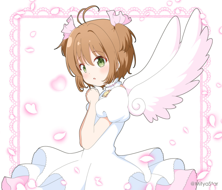 1girl :o antenna_hair brown_hair cardcaptor_sakura commentary_request dress feathered_wings green_eyes hair_between_eyes hair_ribbon kinomoto_sakura looking_at_viewer looking_to_the_side mitya parted_lips petals pink_ribbon puffy_short_sleeves puffy_sleeves ribbon short_sleeves simple_background solo star_(symbol) twitter_username two_side_up white_background white_dress white_wings wings