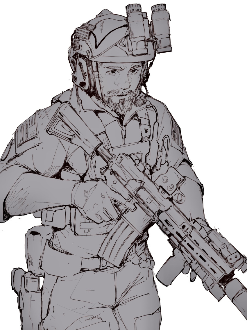 1boy assault_rifle beard cowboy_shot ear_protection facial_hair gloves greyscale gun handgun helmet highres holding holding_gun holding_weapon holstered looking_ahead m4_carbine male_focus military military_operator monochrome night_vision_device original pen_guin15 plate_carrier pouch rifle shoulder_patches simple_background sketch solo suppressor tactical_clothes trigger_discipline weapon white_background