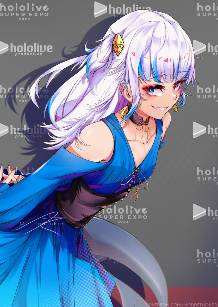1girl arms_behind_back black_corset blue_dress blue_eyes blue_hair blunt_bangs choker collarbone commentary company_name corset dress earrings eyelashes fins fish_tail gawr_gura grey_hair hair_ornament highres hololive hololive_english jewelry leaning_forward long_hair looking_at_viewer moddedjoker multicolored_hair multicolored_nails nail_polish patreon_username red_eyeliner shark_girl shark_hair_ornament shark_tail sharp_teeth smile solo streaked_hair tail teeth thick_eyelashes two_side_up virtual_youtuber