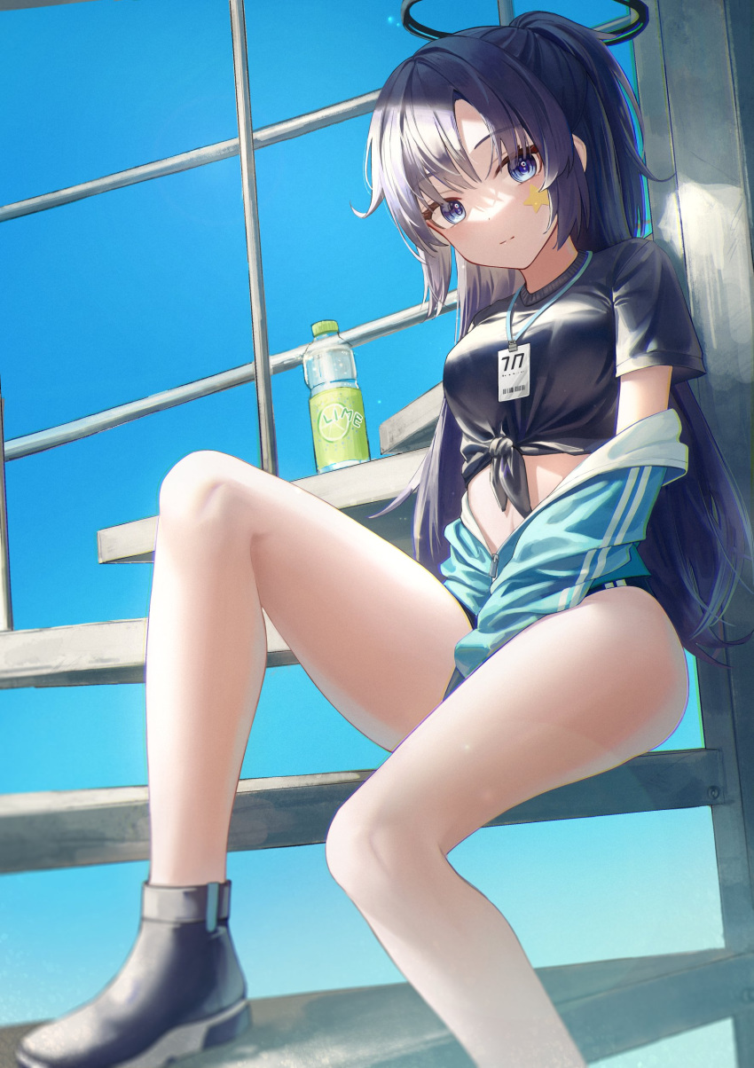 1girl absurdres black_shirt blue_archive blue_buruma blue_eyes blue_jacket bottle breasts buruma flippy_(cripine111) gym_shirt gym_uniform halo highres id_card jacket jacket_partially_removed lanyard long_hair looking_at_viewer midriff off_shoulder official_alternate_costume partially_unzipped ponytail purple_hair shirt sitting sitting_on_stairs solo stairs star_sticker sticker sticker_on_face tied_shirt track_jacket water_bottle yuuka_(blue_archive) yuuka_(gym_uniform)_(blue_archive)