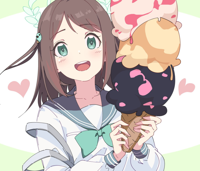 1girl airi_(blue_archive) blue_archive blue_sailor_collar blush brown_hair food food-themed_hair_ornament green_eyes hair_ornament halo heart highres holding holding_food ice_cream ice_cream_cone ice_cream_hair_ornament long_hair long_sleeves looking_at_viewer momomatang open_mouth sailor_collar school_uniform serafuku simple_background solo teeth upper_body upper_teeth_only