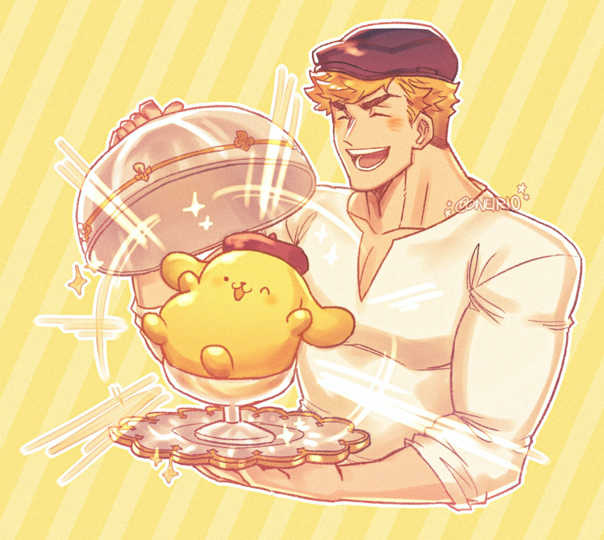 1boy animal artist_name beret blonde_hair blush dog granblue_fantasy hat highres holding holding_tray male_focus muscular muscular_male oneirio open_mouth pectorals pompompurin sanrio shirt short_hair simple_background smile tray upper_body vane_(granblue_fantasy) white_shirt yellow_background