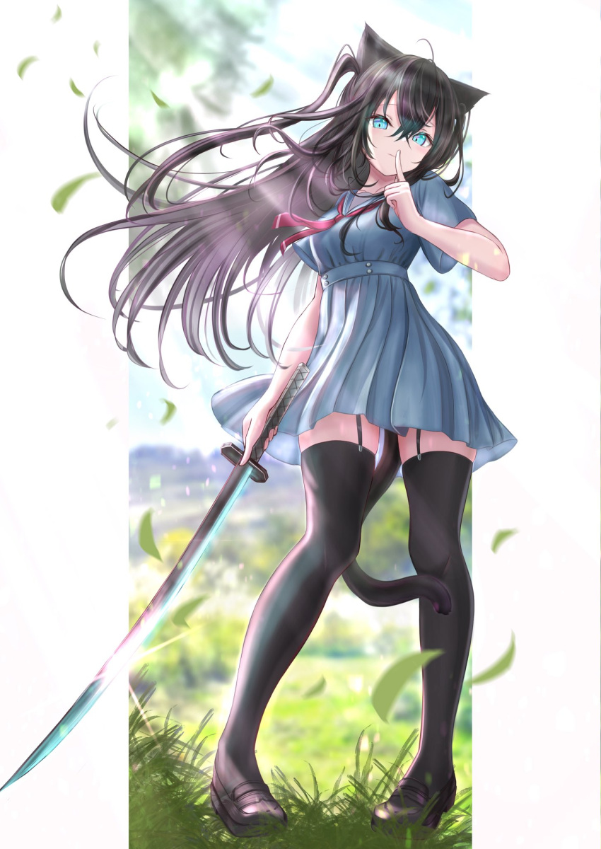 1girl animal_ears black_thighhighs blue_eyes blue_shirt blue_skirt cat_ears cat_girl cat_tail finger_to_mouth full_body garter_straps high-waist_skirt highres holding holding_sword holding_weapon hou_no_ka katana leaf light_smile long_hair looking_at_viewer one_side_up original pleated_skirt shirt short_sleeves skirt smile sword tail thigh-highs weapon wind