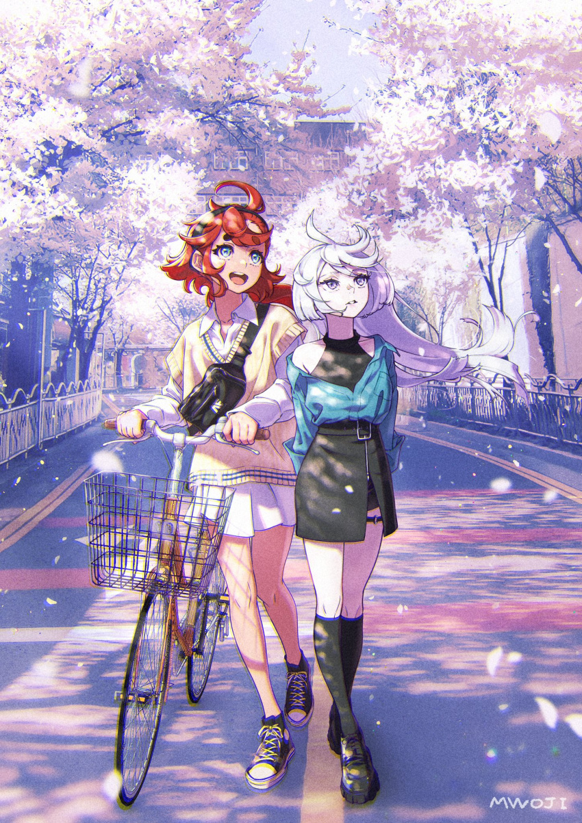 2girls ahoge alternate_costume anaheim_electronics arms_behind_back bag bicycle bicycle_basket black_dress black_footwear black_hairband black_socks blue_eyes blue_jacket brown_sweater_vest building casual cherry_blossoms collared_shirt commentary_request cropped_jacket day dress falling_petals floating_hair grey_eyes grey_hair ground_vehicle gundam gundam_suisei_no_majo hairband halter_dress halterneck highres jacket kneehighs korean_commentary long_sleeves looking_up miorine_rembran multiple_girls mwoji o-ring o-ring_thigh_strap off_shoulder open_mouth outdoors parted_lips petals railing redhead road shirt shoes skirt sleeveless sleeveless_dress smile sneakers socks standing street suletta_mercury sweater_vest teeth thigh_strap tree upper_teeth_only white_shirt white_skirt