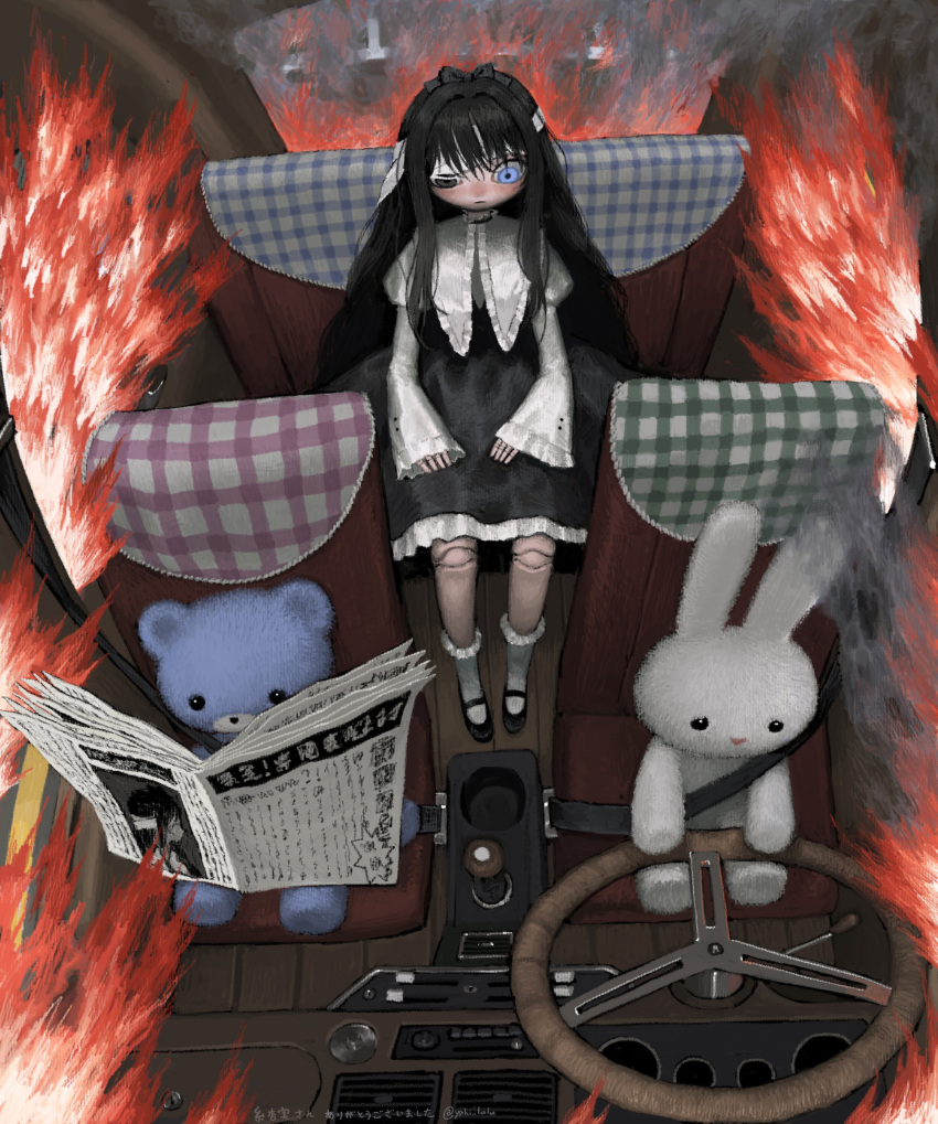 1girl absurdres bandaged_head bandages black_dress black_eyes black_hair blue_eyes blush burning car_interior collared_dress commission doll_joints dress driving empty_eyes expressionless fire frilled_dress frilled_sleeves frilled_socks frills from_above gothic_lolita hands_on_lap heterochromia highres holding holding_newspaper joints juliet_sleeves lolita_fashion long_hair long_sleeves looking_ahead mary_janes newspaper nose_blush original puffy_sleeves shoes sidelocks sitting smoke socks solo steering_wheel stuffed_animal stuffed_rabbit stuffed_toy teddy_bear twitter_username white_sleeves wide_sleeves yakito_lulu