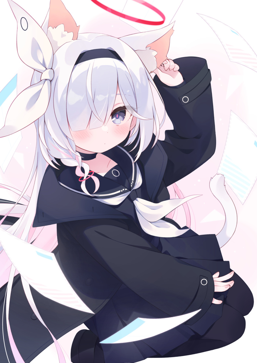 1girl a.r.o.n.a_(blue_archive) animal_ear_fluff animal_ears arm_up black_choker black_coat black_eyes black_hairband black_pantyhose black_sailor_collar black_serafuku black_skirt blue_archive blunt_bangs blush braid cat_ears cat_girl cat_tail choker closed_mouth coat colored_inner_hair commentary dot_mouth full_body hair_over_one_eye hair_ribbon hairband halo highres kano_hito kemonomimi_mode long_sleeves looking_at_viewer multicolored_hair neckerchief pantyhose paw_pose pink_hair pink_halo pink_pupils pleated_skirt ribbon sailor_collar school_uniform seiza serafuku shirt side_braid single_braid sitting skirt solo tail two-tone_hair white_hair white_neckerchief white_ribbon white_shirt wide_sleeves