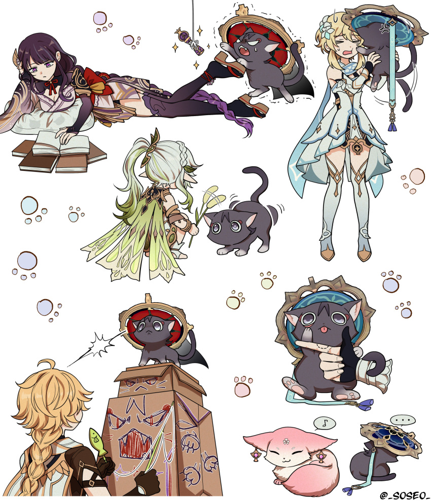... 1boy 3girls :3 :p absurdres aether_(genshin_impact) afterimage ahoge akanbe angry armor artist_name belt bite_mark black_gloves black_thighhighs blonde_hair blue_cape blue_ribbon blunt_bangs book boots box bracelet braid braided_ponytail bridal_gauntlets cape cardboard_box cat cat_teaser closed_eyes closed_mouth commentary_request cushion dress earrings eighth_note expressionless fangs flower genshin_impact gloves gnosis_(genshin_impact) gradient_hair green_cape green_hair hair_flower hair_ornament hand_up hat head_rest highres japanese_clothes jewelry jingasa kimono korean_commentary leaf_hair_ornament long_hair lumine_(genshin_impact) lying motion_lines multicolored_hair multiple_girls multiple_views musical_note nahida_(genshin_impact) off_shoulder on_side open_book open_mouth parted_bangs partially_fingerless_gloves paw_print paw_print_background pawpads pillosopi pointy_ears purple_hair purple_kimono raiden_shogun reading ribbon sandals scaramouche_(cat)_(genshin_impact) scaramouche_(genshin_impact) short_hair shoulder_armor side_ponytail sidelocks simple_background single_braid sleeveless sleeveless_dress smile sparkle speech_bubble spoken_ellipsis spoken_musical_note squatting standing sweatdrop tassel teeth thigh-highs thigh_belt thigh_strap tongue tongue_out trembling twitter_username very_long_hair violet_eyes wanderer_(genshin_impact) white_background white_dress white_flower white_footwear white_hair yae_miko yae_miko_(fox)